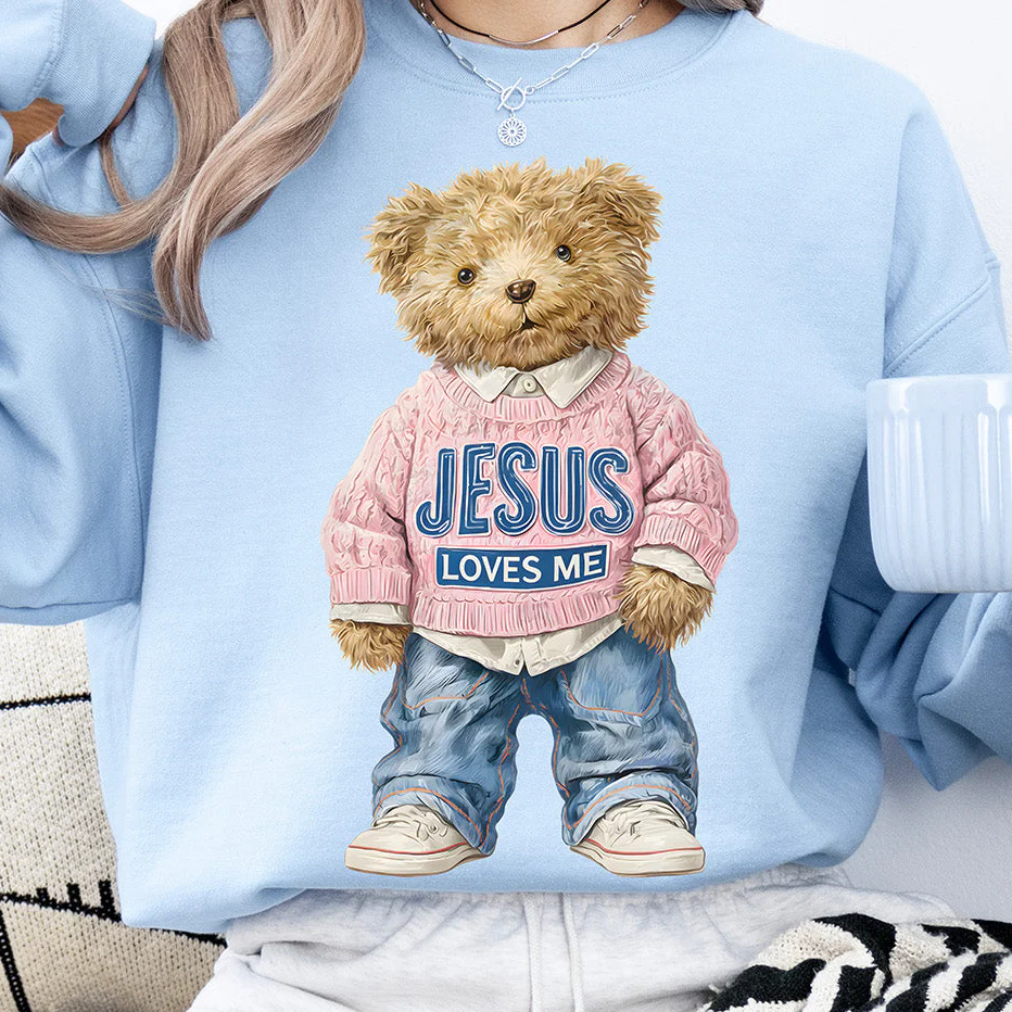 Jesus Loves Me Preppy Teddy Bear DTF Transfer | Ready to Press - Image 2